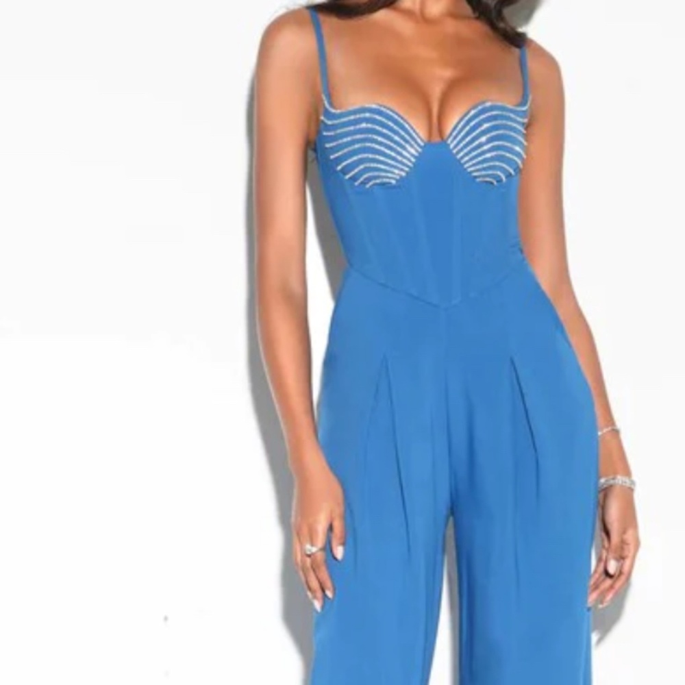 Miss Circle Wanessa Blue Corset Wide Leg Jumpsuit with Crystals-Medium